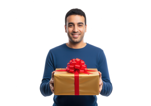 Happy Man Holding Wrapped Christmas Gift with Red Ribbon