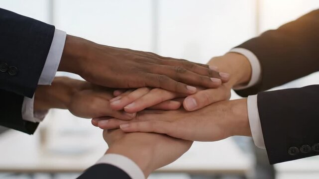 United Hands Symbolizing Teamwork and Success - This video showcases a diverse group of hands stacked together, symbolizing unity, collaboration, and mutual support in achieving common goals.