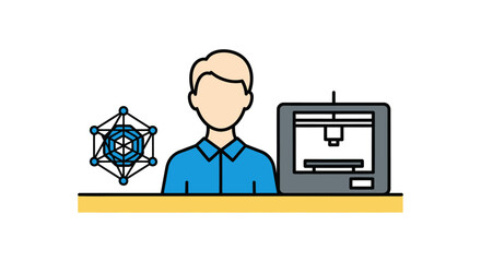 Engineer with 3D printer and complex geometric model icon.