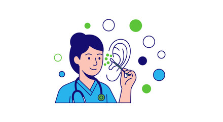 Female doctor examining a human ear with a medical instrument.