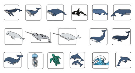 Vector Icon Set of Various Whales Dolphins and Sea Life.