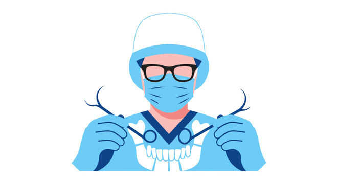Vector illustration of a dentist in full protective gear holding instruments.