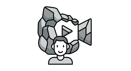 Man with a video camera head made of rocks symbolizing strong and stable content creation.