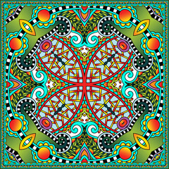 Colorful floral geometric symmetrical pattern with green background