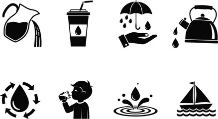Water related vector icons collection including pitcher, drinking glass, umbrella, kettle, recycle drop, boy drinking, splash, and sailing boat.