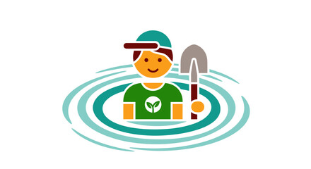 Happy young gardener boy with a shovel illustration.