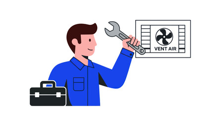 HVAC Technician Character with Wrench and Toolbox Illustration.