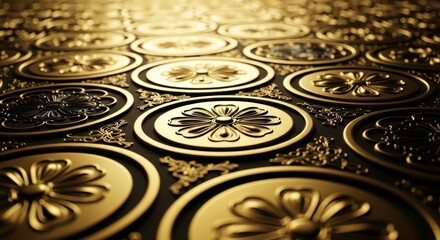 Intricate Golden Floral Medallions Displayed On Textured Surface