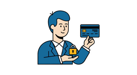 Man holding credit card and padlock symbolizing secure online transactions and financial protection.