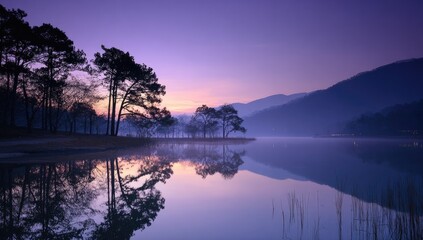A serene lake reflects the tranquil hues of a peaceful sunrise, casting silhouettes of trees against a misty mountain backdrop.