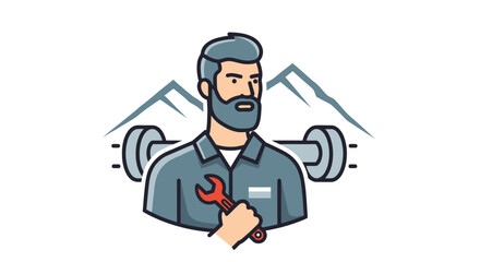 Bearded Mechanic Holding Wrench with Mountains in Background.