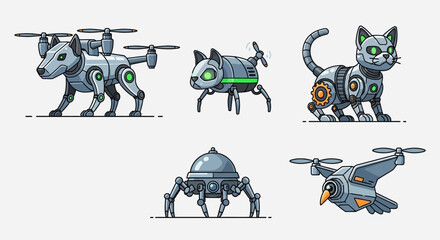 A collection of illustrated futuristic robotic animals and drones.