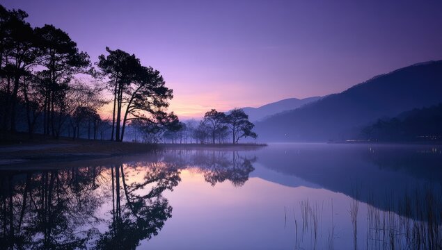 A serene lake reflects the tranquil hues of a peaceful sunrise, casting silhouettes of trees against a misty mountain backdrop. - Powered by Adobe