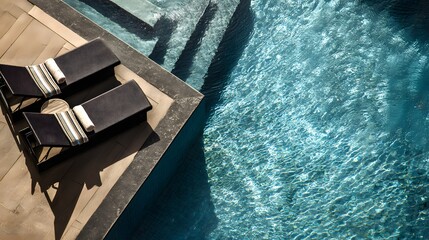 Swimming pool with sun loungers. View from above. luxury hotel resort. Aerial view of a luxury swimming pool.
