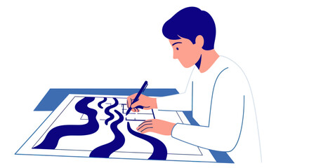 Young male artist focused on drawing a winding blue river.