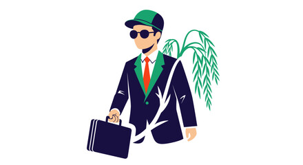 Modern businessman in a suit and cap with a plant.