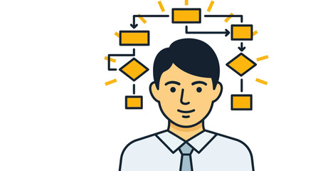 Businessman visualizing a complex workflow process diagram above his head.