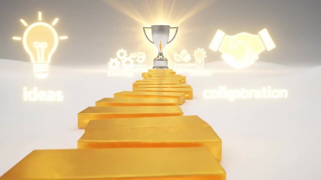 Golden Steps to Success - This video illustrates a golden stairway leading towards success, highlighting key steps such as ideas, strategy, execution, growth, and collaboration.