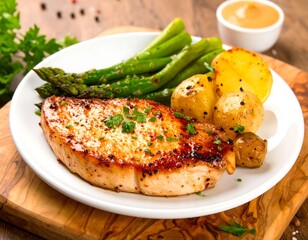 Grilled pork chop with asparagus and potatoes