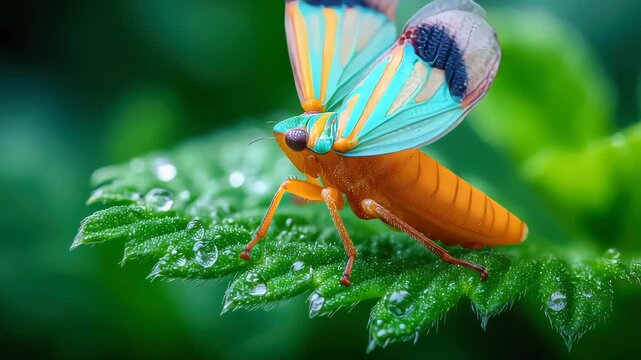 Vibrant green and orange leafhopper insect resting on a dew-covered leaf