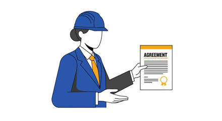 Female engineer in a hard hat presenting a business agreement document.
