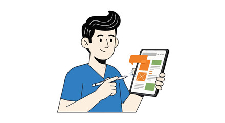 Young man completing an online survey on a digital tablet.