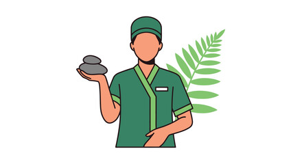 Spa therapist in green uniform holding hot stones.