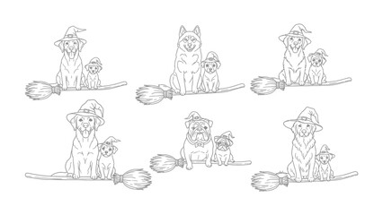 Whimsical Halloween Dogs on Broomsticks: An enchanting black and white illustration presents a variety of canine companions, each perched jauntily on broomsticks.