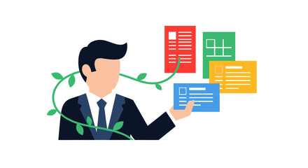 Businessman presenting colorful documents representing business growth and management.