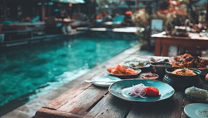 A wooden outdoor dining table laden with colorful dishes of diverse cuisine beside a shimmering turquoise pool.