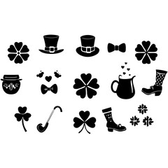 St Patricks day silhouette vector,  Collection of silhouette elements for st patrick's day,  St Patricks Day Linocut Clipart, SVG Irish Charm, St Pattys Day Celebrations Illustration, Lucky Silhouette