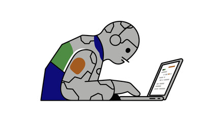 A simple cartoon illustration of a robot working on a laptop.