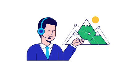 Illustrated man with headset presenting a virtual mountain landscape.