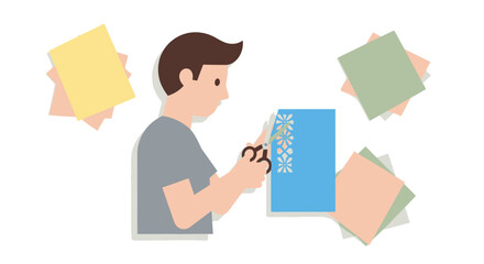 Man cutting blue paper with scissors for a craft project.