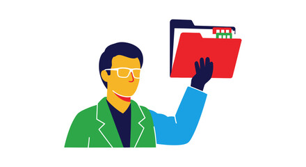 Stylized illustration of a man holding a red file folder.
