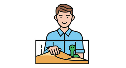 Cartoon illustration of a man caring for his pet reptile in a terrarium.