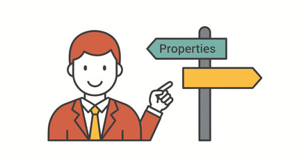 Cartoon businessman pointing towards a properties signpost.