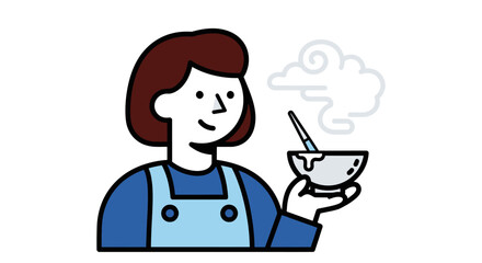 Illustration of a smiling woman in an apron holding a steaming bowl of food.
