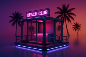 Neon Beach Club Pavilion with Palm Trees at Sunset