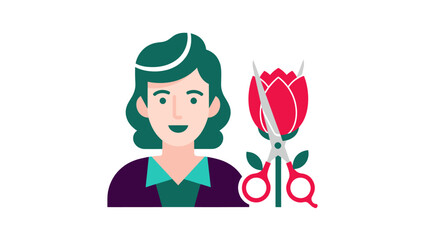 Female florist character with scissors and red flower.