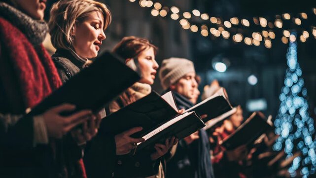 Community members sing carols together at a festive outdoor Christmas event under sparkling lights
