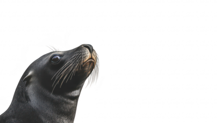 A close-up portrait of a curious sea lion gazing upwards against a minimalistic white background. its whiskers and expressive eyes. ideal for wildlife photography or marine conservation themes