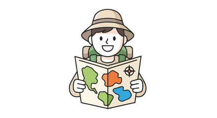 Cheerful cartoon explorer boy holding a map for adventure.