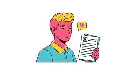 Young Man with Blonde Hair Holding a Resume or Profile.