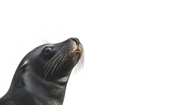 A close-up portrait of a curious sea lion gazing upwards against a minimalistic white background. its whiskers and expressive eyes. ideal for wildlife photography or marine conservation themes