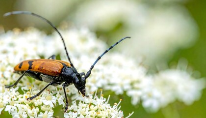 Close-up of a longhorn beetle on a cluster of white flowers