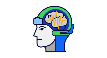 Illustration of a human head with a brain monitoring device.