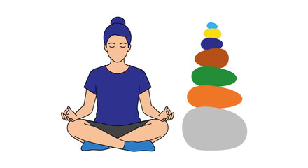 Hand drawn illustration of a person meditating with stacked stones.