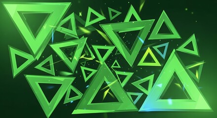 A vibrant display of numerous overlapping green triangles against a dark background, showcasing a dynamic and energetic composition.