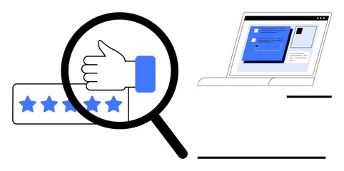 Fototapeta premium Magnifying glass over thumbs-up and star rating beside computer screen displaying feedback. Ideal for customer satisfaction, online review, feedback system, quality analysis, user experience, trust